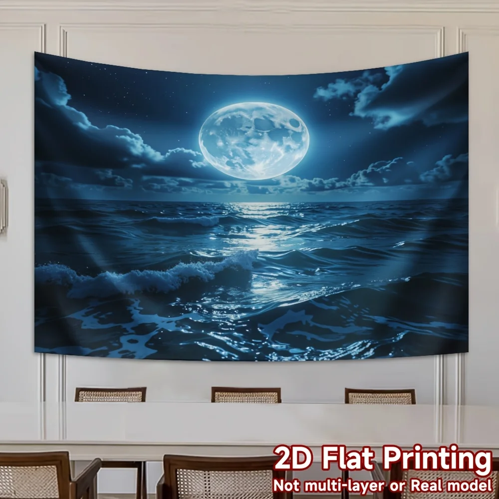 2D Flat Print 1pc Tapestry, Moon Over Sea Night Sky Wall Hanging, Ocean Wave Scenery Tapestry for Bedroom Living Room Decor