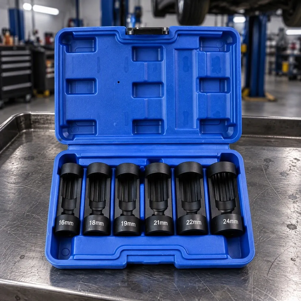 Chrome Vanadium Strut Nut Socket Set 6 Piece with Side Cutout Design for Efficient Shock Absorber and Strut Nut Removal
