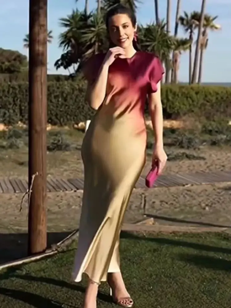 2024 여름 여성 프린트 드레스 반팔 빈티지 타이다이 O넥 여성 루즈 드레스 캐주얼 시크 새틴 여성 드레스