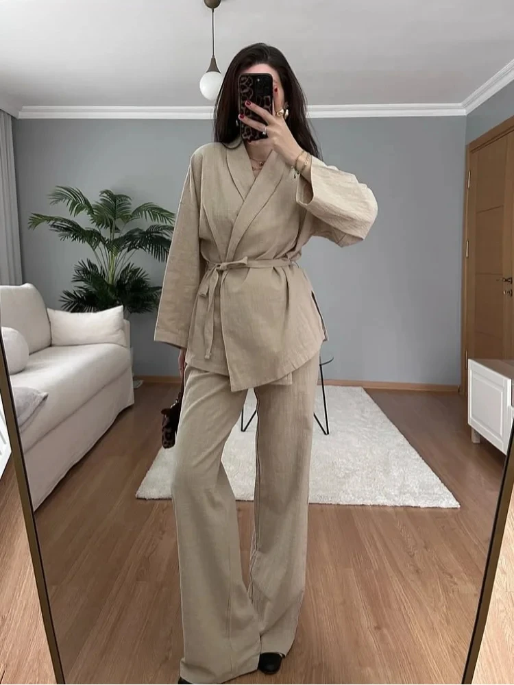 

Casual Women's Lace Up Trousers Suits Full Sleeve Loose Cardigan Wide Leg Pants Set 2025 Spring Summer Cotton Linen Lady Suit