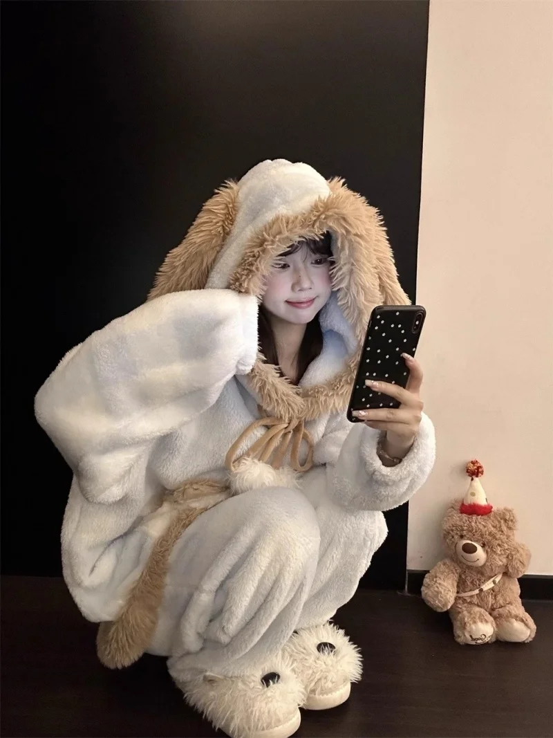 

Pajama Sets Valentines Day Cute Printed Women Fleece Thickened Daily Wear Plush Pile Extra Warmth Layer Pocket Detail Zip Front