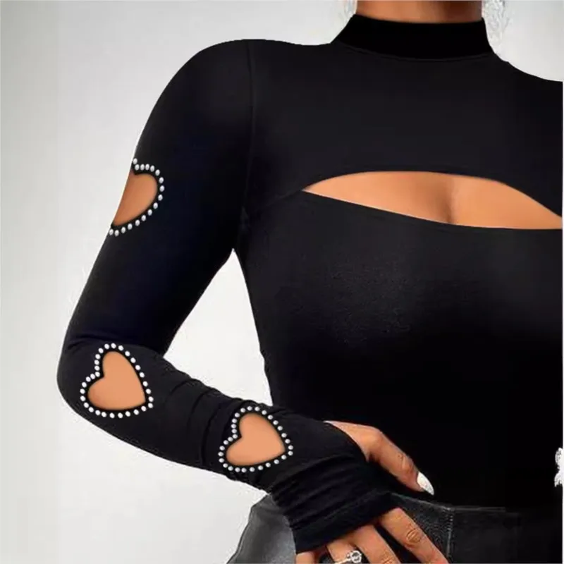 New Women Slim Fit Top Stylish Autumn Winter Sexy Blouse Mock Neck Bodycon Hollow Long Sleeve Tee Shirt With Stitching Beads