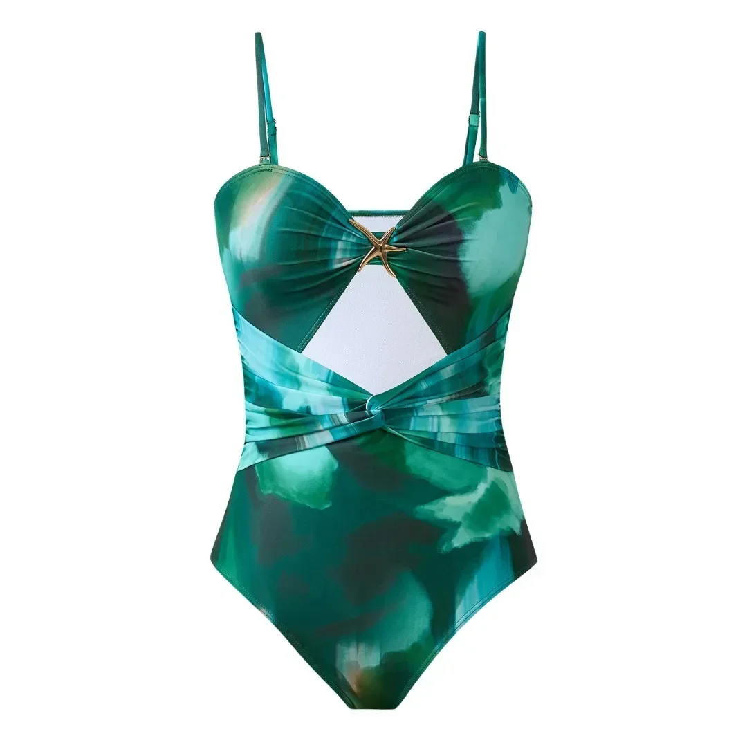 2025 Traje de baño de una pieza para mujer, nuevo superventas, conjunto de traje de baño Sexy estampado de dos piezas, falda redonda de gasa