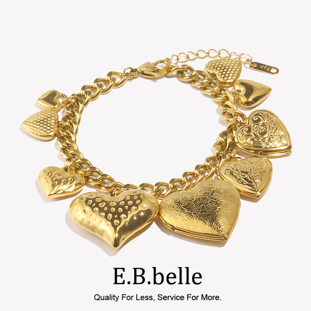 E.B.belle Multi Size Photo Box Heart Pendant Bracelet Chain For Women Girl 316L Stainless Steel PVD Plated Fashion Women Jewelry