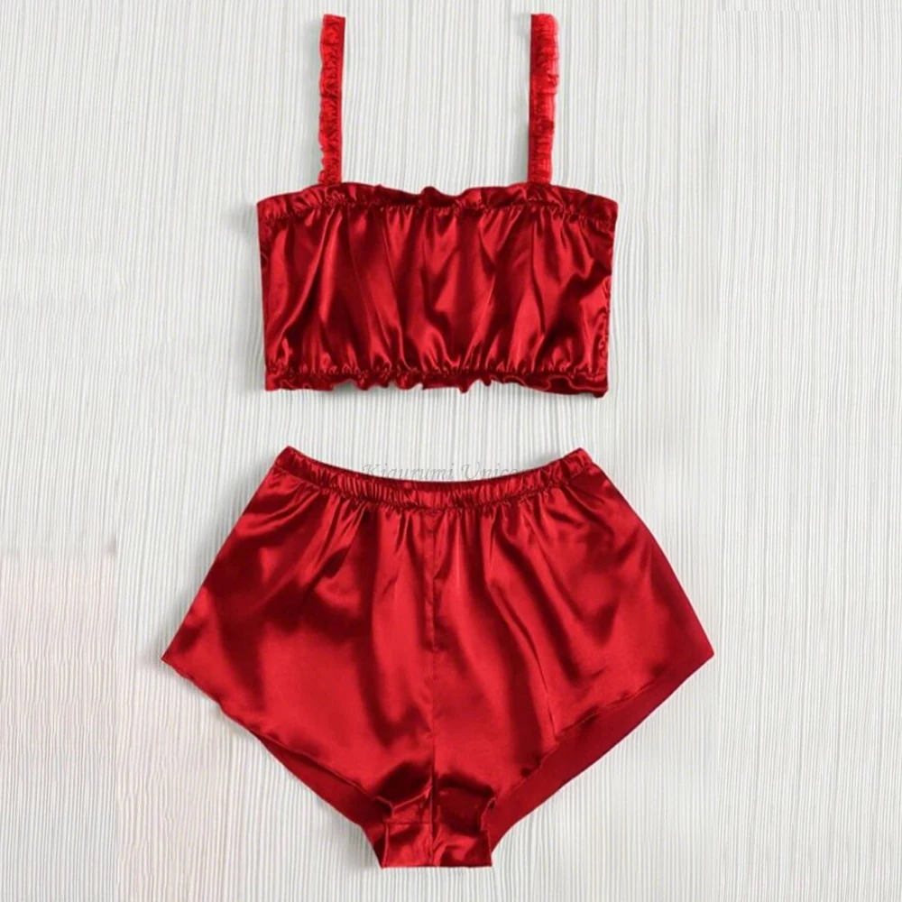 Three Piece Women's Sleepwear Set Bride Red Color Vest Shorts and Pants Paired with Satin Silk Fabric for Home Casual Bra