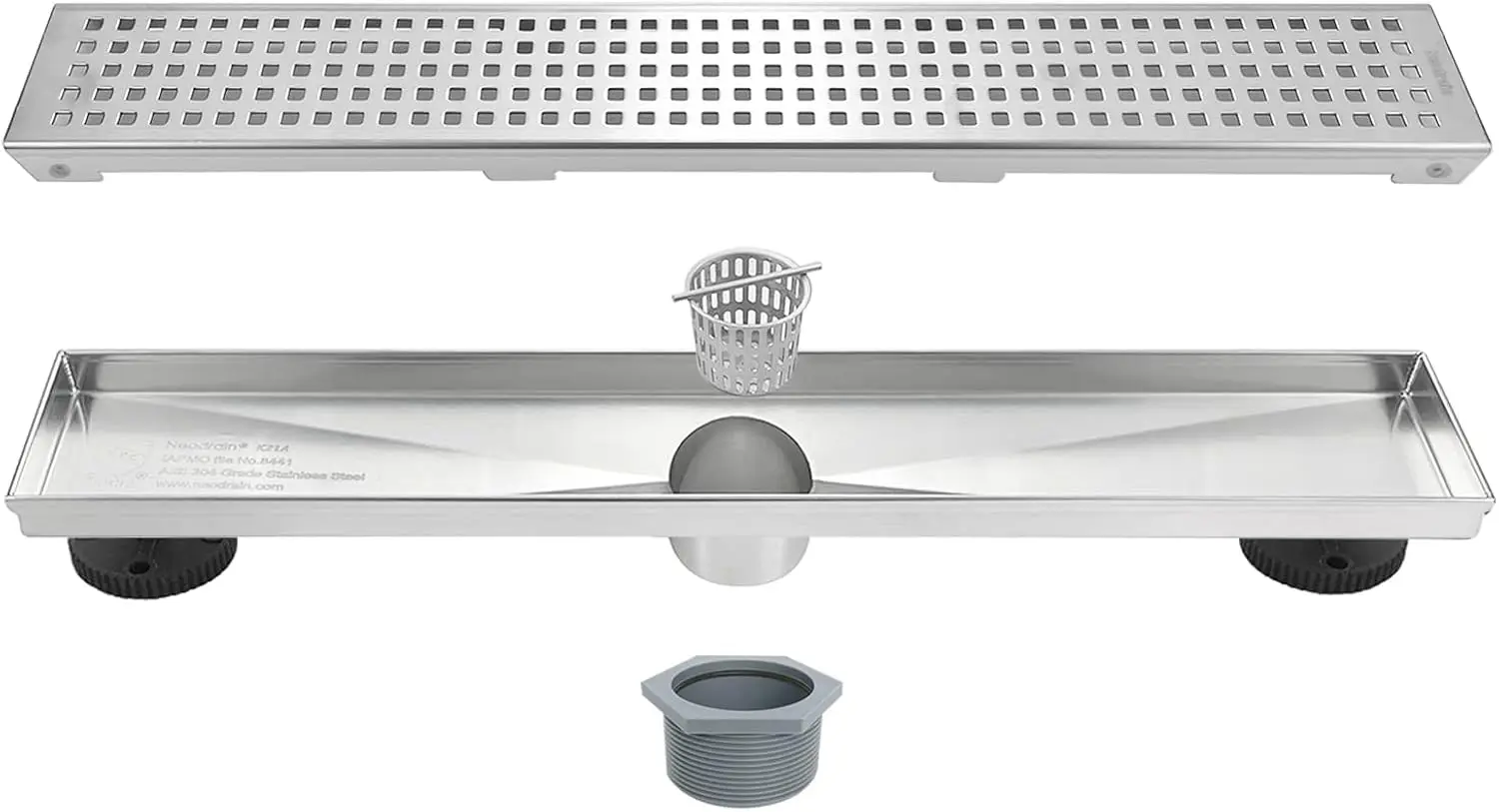 

18-Inch Brushed Linear Shower Drain with Removable Quadrato Pattern Cover, 304 Stainless Steel Rectangle Shower Floor D