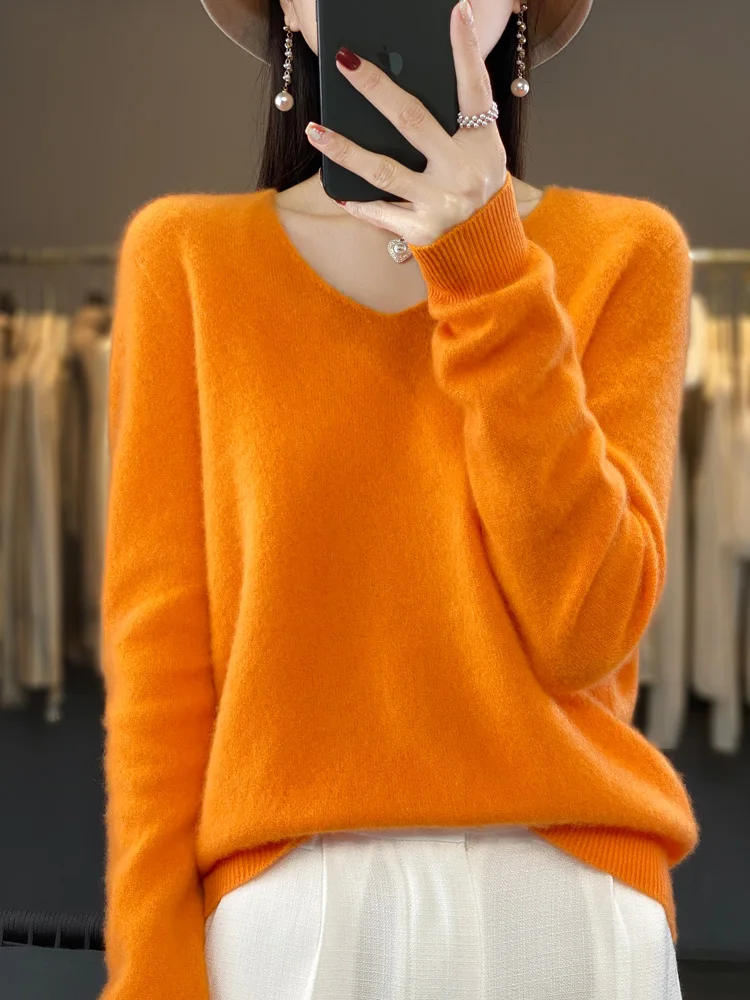 2024 New Womens V-neck Pullover Sweater 100% Merino Wool Long Sleeve Cashmere Knitwear Basic Autumn Winter Female Clothing Tops