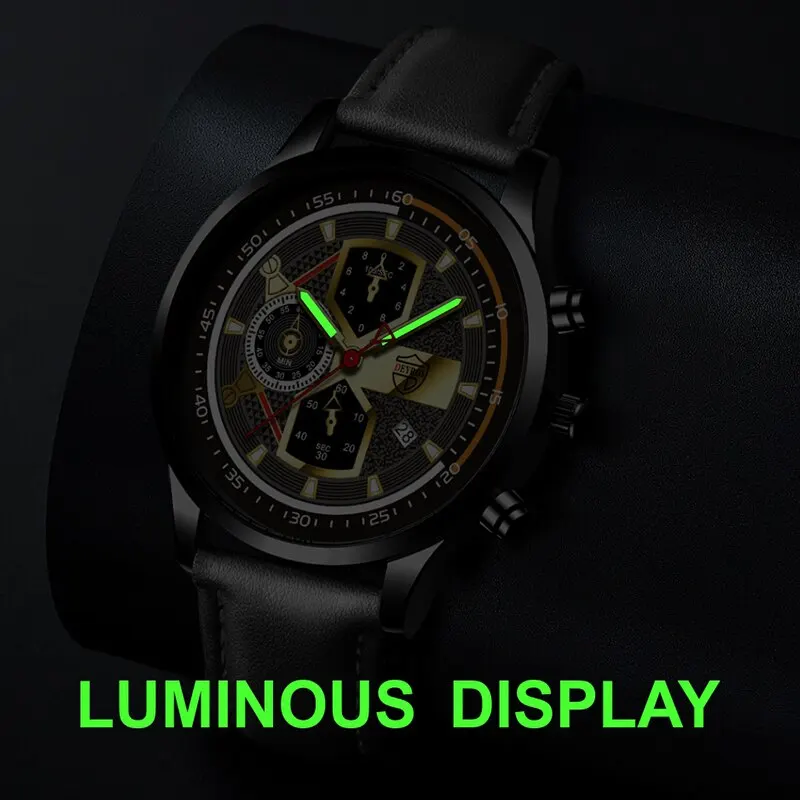 3PCS Set Fashion Mens Calendar Watches Male Business Casual Black Leather Quartz Watch Men Necklace Bracelet Wrist Watch