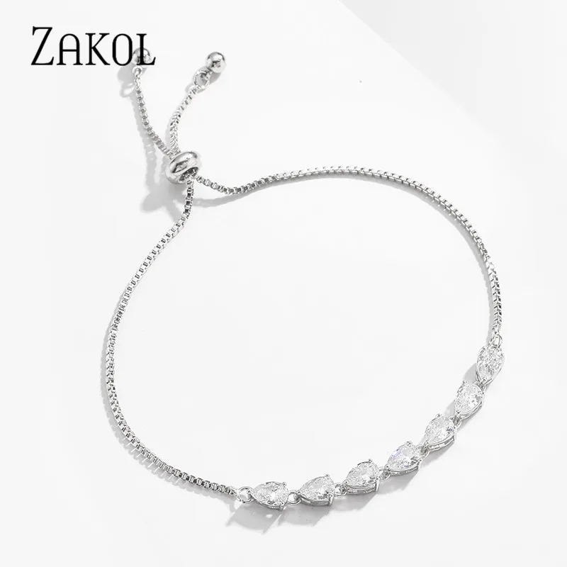 ZAKOL Brand Waterdrop Shape Cubic Zirconia Crystal Adjustable Bracelets for Women Wedding Party Jewelry Gift FSBP2227