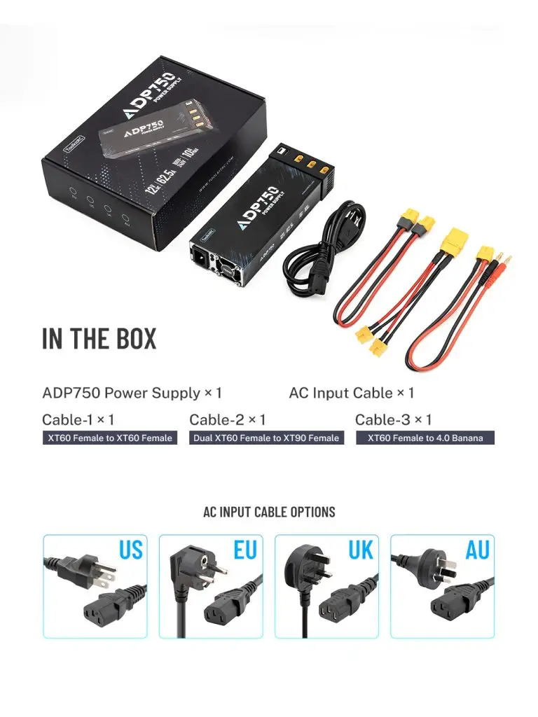 

ToolkitRC ADP750 Power Supply Adapter 750W XT90 XT60 output 12V 30A AC input 100V-240V for ToolkitRC Battery Charger RC Model