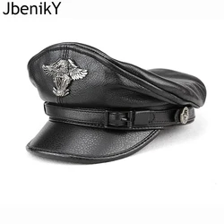 New Retro Military Caps For Men Male Genuine Leather Flat Top Hats European American Captain Locomotive Chapeau