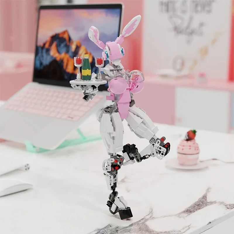 MOC Kreatives Rosa Hasenmädchen Humanoider Roboter Bausteinmodell Kinderlernspielzeug Geburtstagsgeschenk Dekoration – Detail 2