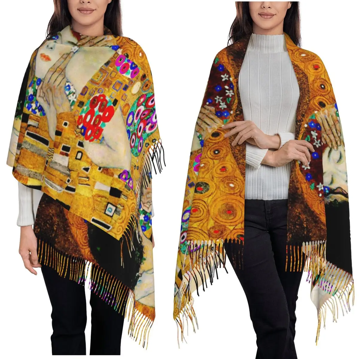 

Поцелуй Густава Климта, шарф, шарфы с кисточками для женщин, мягкие теплые шали и накидки, большая осенне-зимняя шаль
