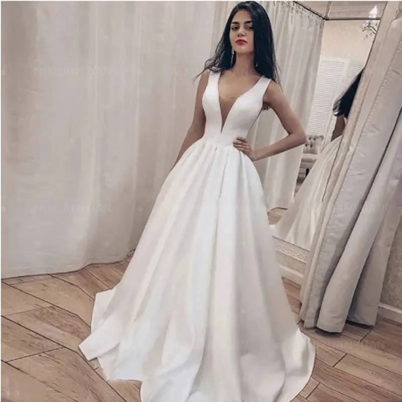 

Deep V-neck Elegant Satin Wedding Dress Robe De Mariée Bride To Be Long Bride Gown Vestido De Novia