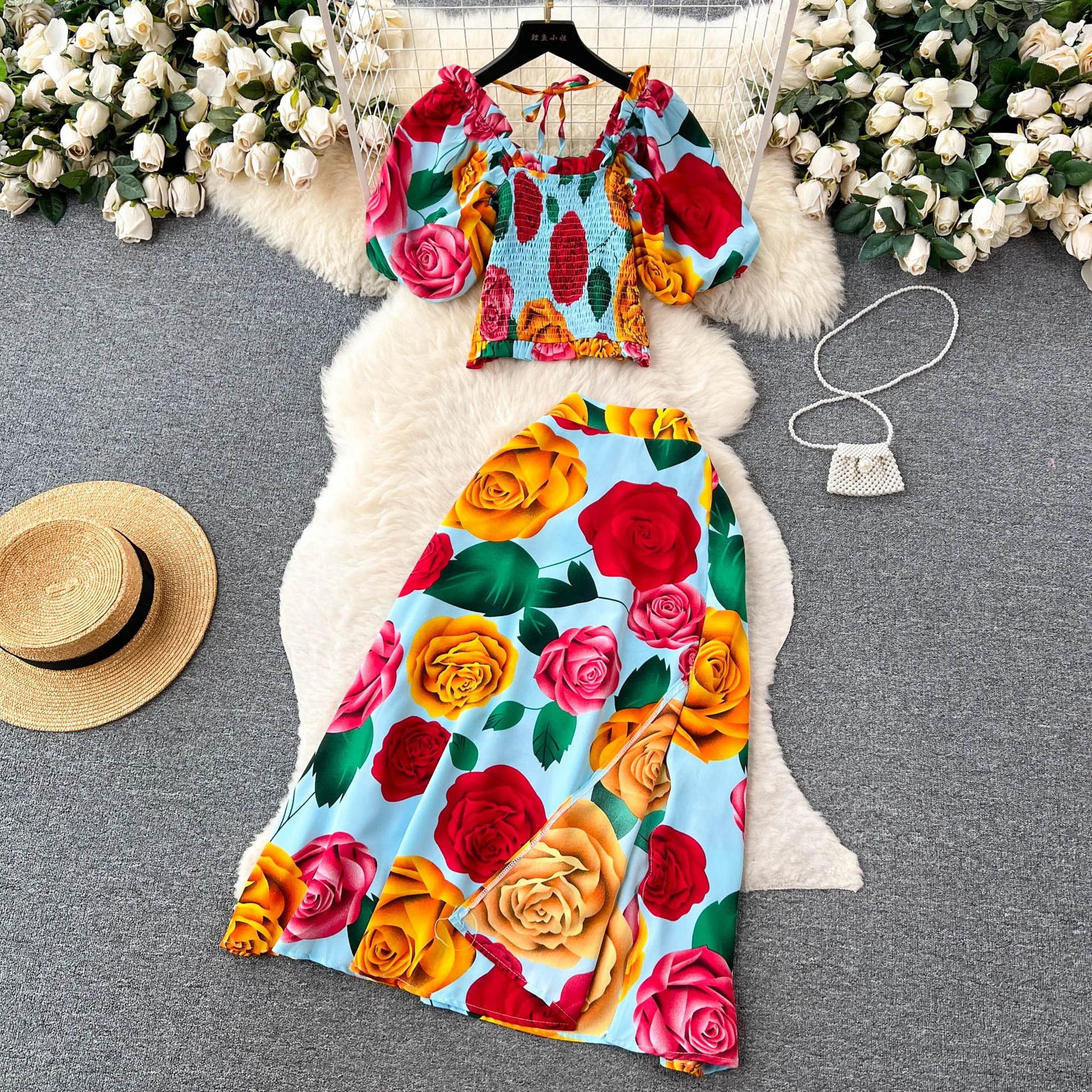 YuooMuoo Women Dress Set Summer Y2K Fashion Print Flowers Crop Tops + Long A-line Skirts Lady Vacation Beach Two Piece Suits