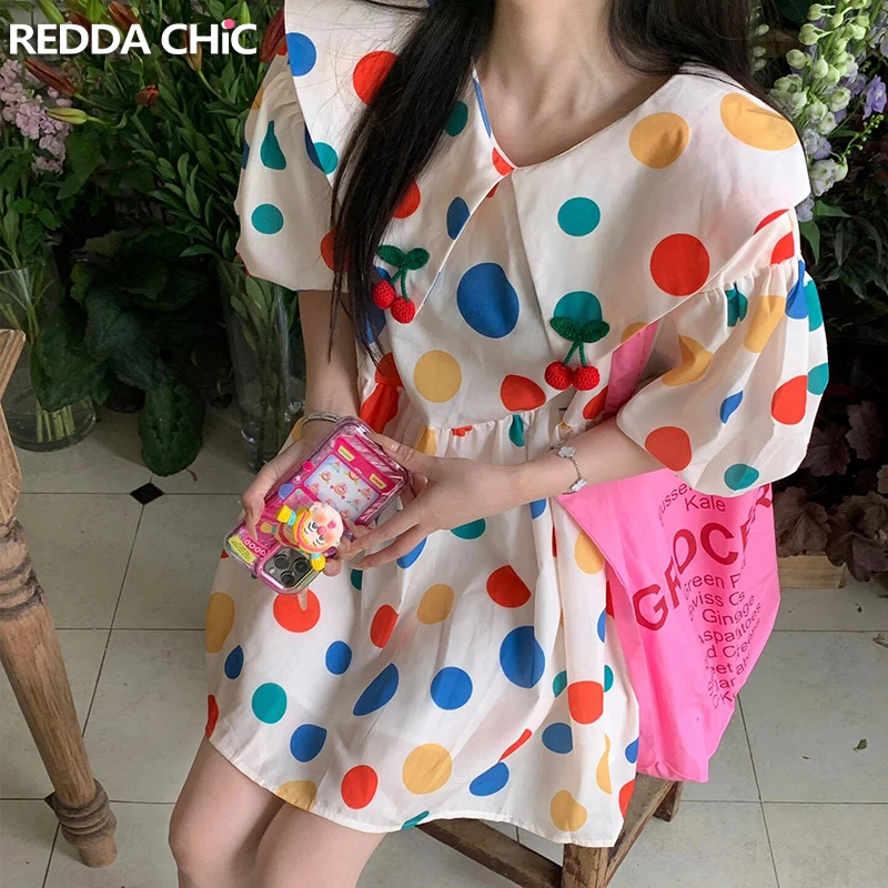 REDDACHiC Super Fun Polka Dot Mini Dress Women Puff Sleeves Cherry Peter Pan Collar Ruffle Loose A-line Sundress Summer Clothes