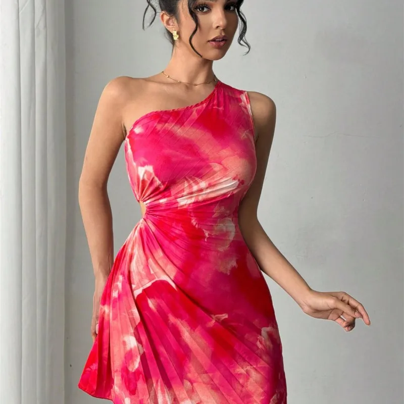 夏エレガントなインクプリントスマッジカットアウトウエストドレス斜め肩襟プレスプリーツ女性のドレス