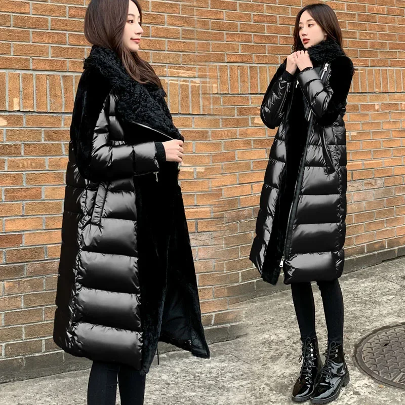 High-end Thicken Long Parkas Women Black Glossy Patchwork Lamb hair White duck down Coat Silver Winter Warm Ladies Outwear