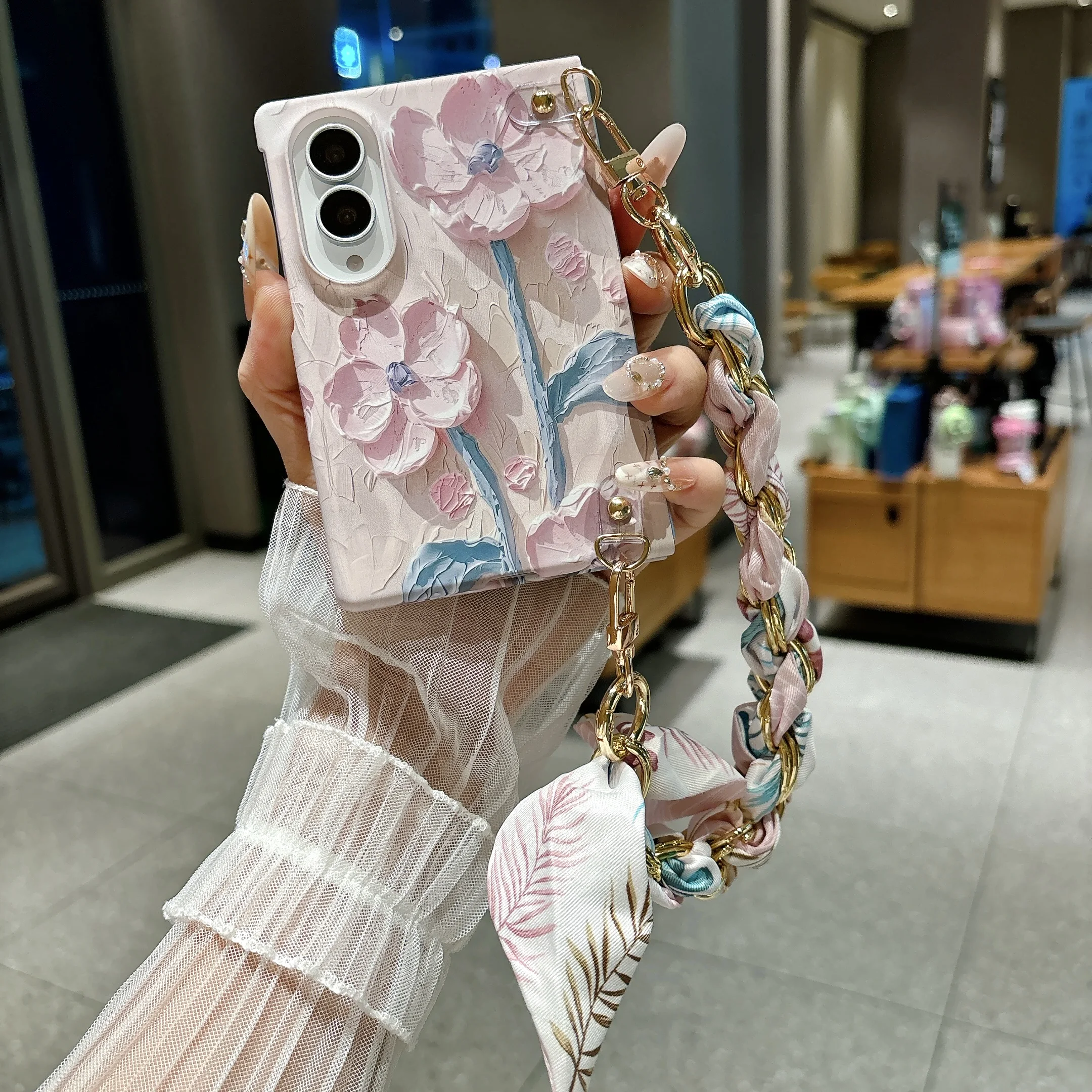 Relief Oil Painting Flower Scarf Hand Rope Phone Case for Samsung Z Fold 8 Wide Shockproof Comfortable Grip Portable Slim Cover