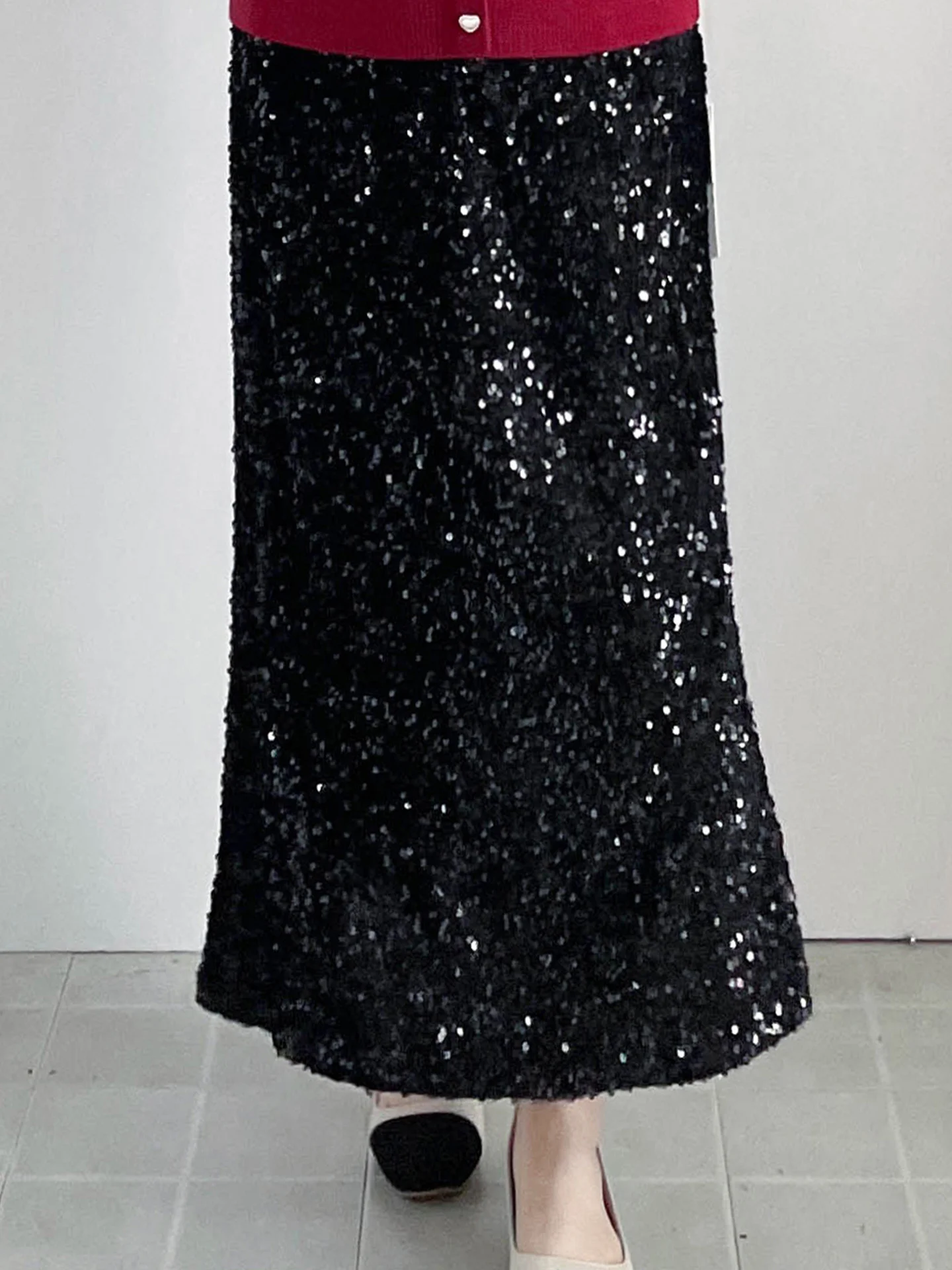 

Stunning plus Size f-length Skirt with Slit And iny Sequins Belly Concealing Long Straight A-line Split Korean Sle Com...
