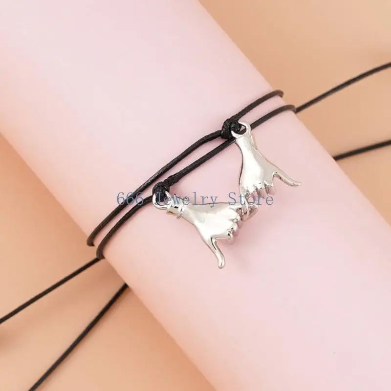 F2TD 2x Pinky Promise Black Hemp for Wish Bracelet Silver Tone Alloy Charm on Printed Card Unisex Jewelry for Couple Friend G view 3