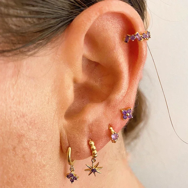 925/18K gold-plated silver ear Clips For Women Dainty Baguette Round Zircon CZ Conch Ear Cuff Earrings Fashion Trend Jewelry