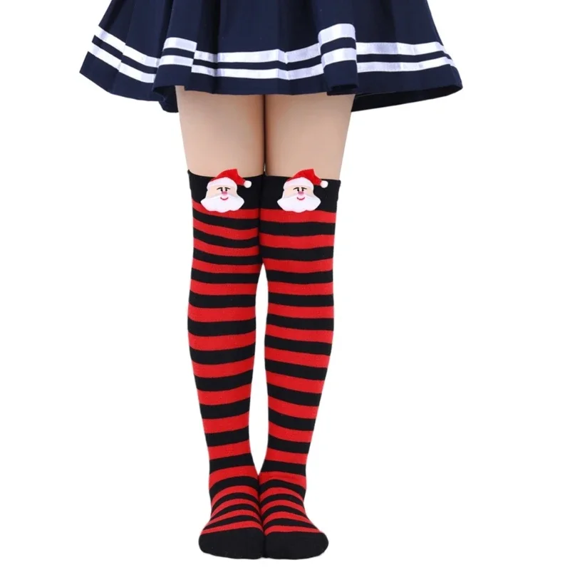 Christmas Long Socks Breathable Stretchy Stripe Santa Socks for 6-10Y Child Girls Navidad 2025