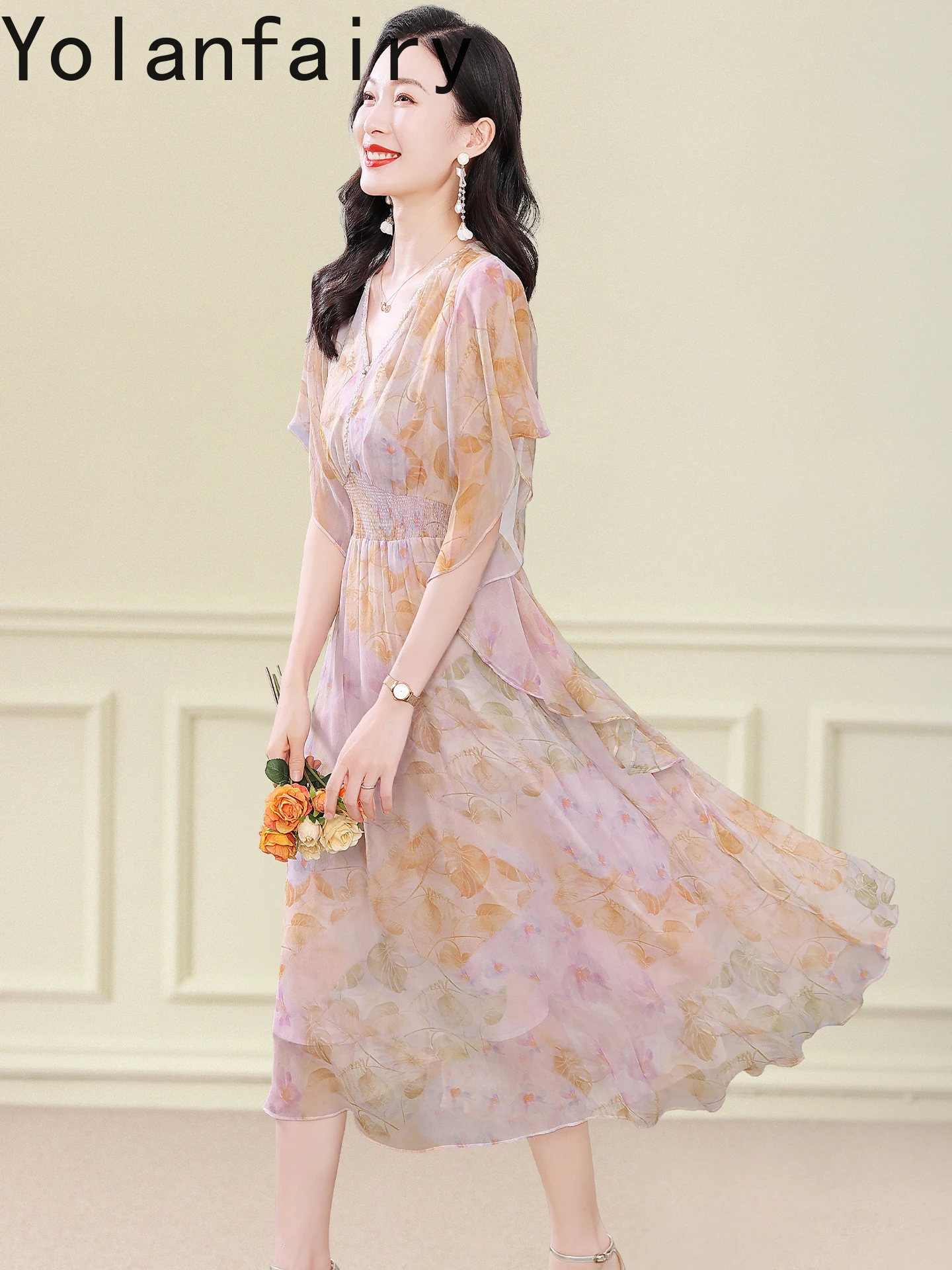 YOLANFAIRY 100% فستان حريري التوت الحقيقي للمرأة الصيف فساتين أنيقة عطلة أعلى جودة فستان طويل الأزهار فساتين حريمي