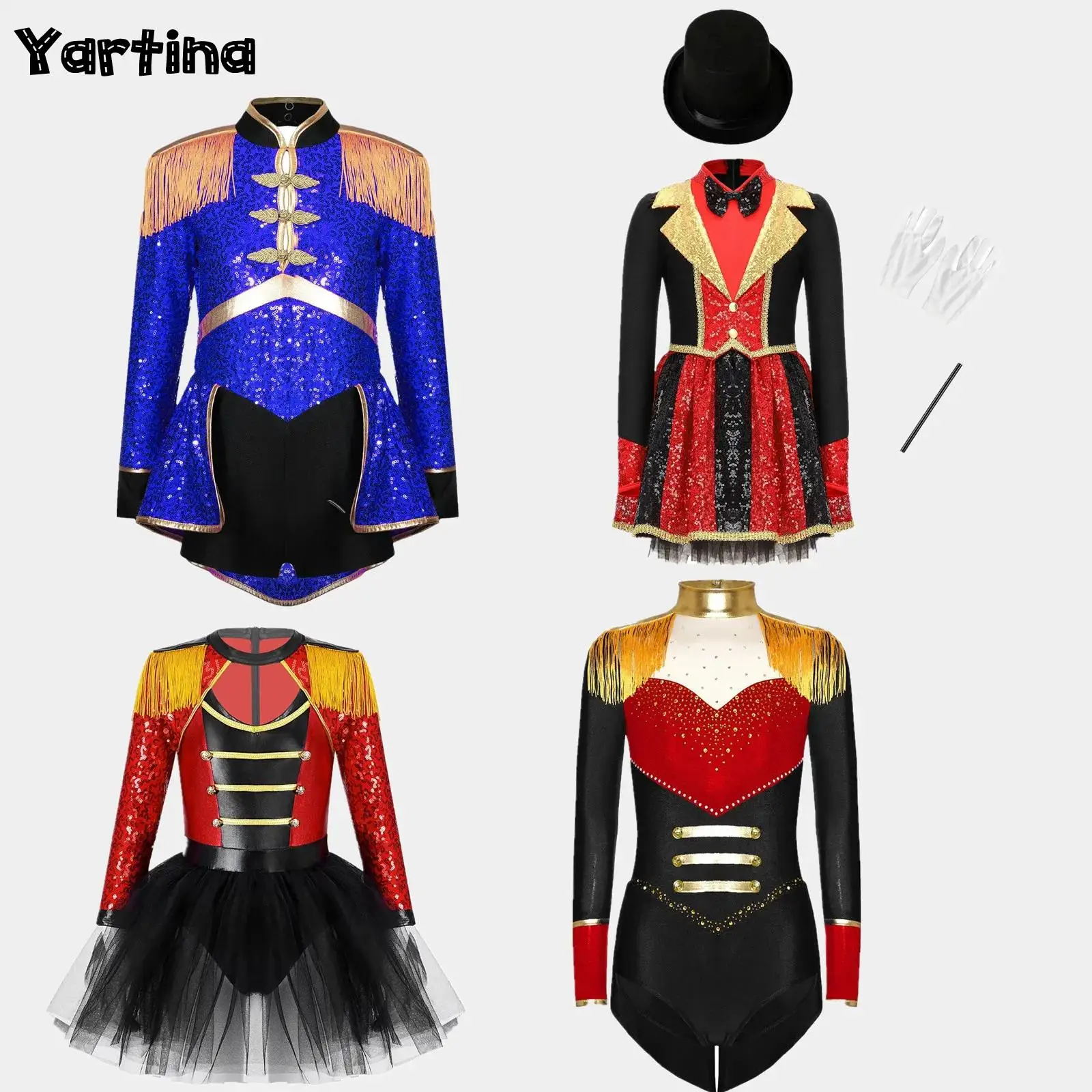 

Kids Girl Circus Ringmaster Lion Tamer Cosplay Costumes Magician Marching Band Drummer Uniform Shiny Sequins Puffy Leotard Dress
