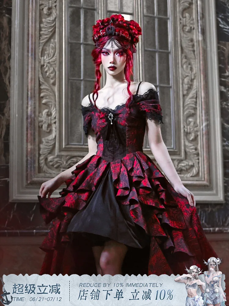 

Поставка крови ◆ Готическое тяжелое черно-красное жаккардовое платье с открытыми плечами для банкета подземного мира