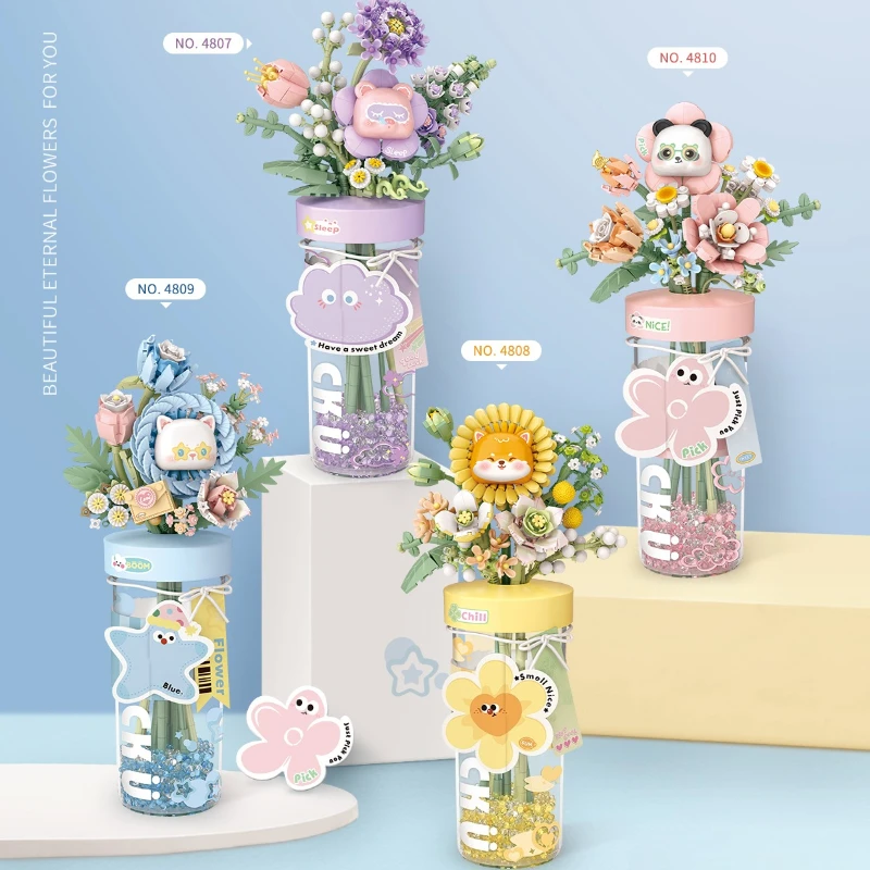 Eeuwige beker bloem assemblage speelgoedblokken woondecoratie cadeau - creatieve doe-het-zelf bouwstenen voor kinderen