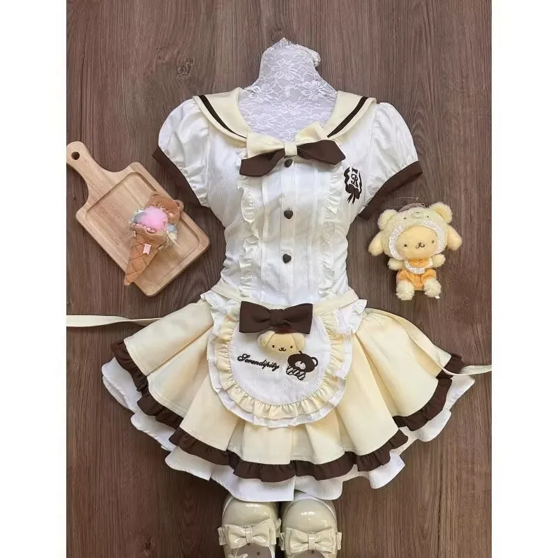 

Sweet and Cute Mori Girl College Style Dress Sailor Collar Slim Shirt Fluffy Pleated Skirt Bow Apron Kawaii Three Piece Sets