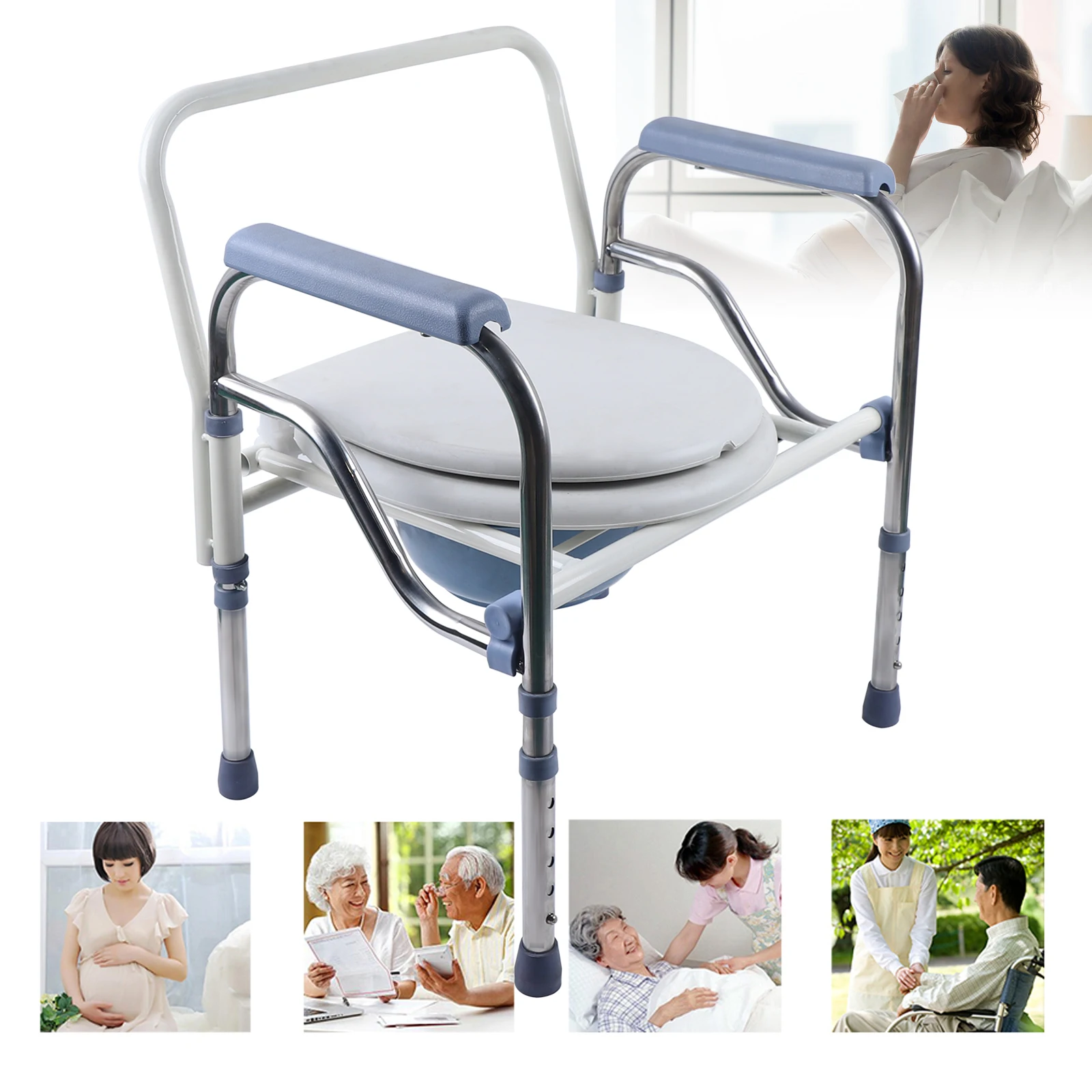 Toilet Chair with Bucket, Adjustable Folding Shower Chair, Commode Seat Toilet Aid, Max.Load 150KG, White