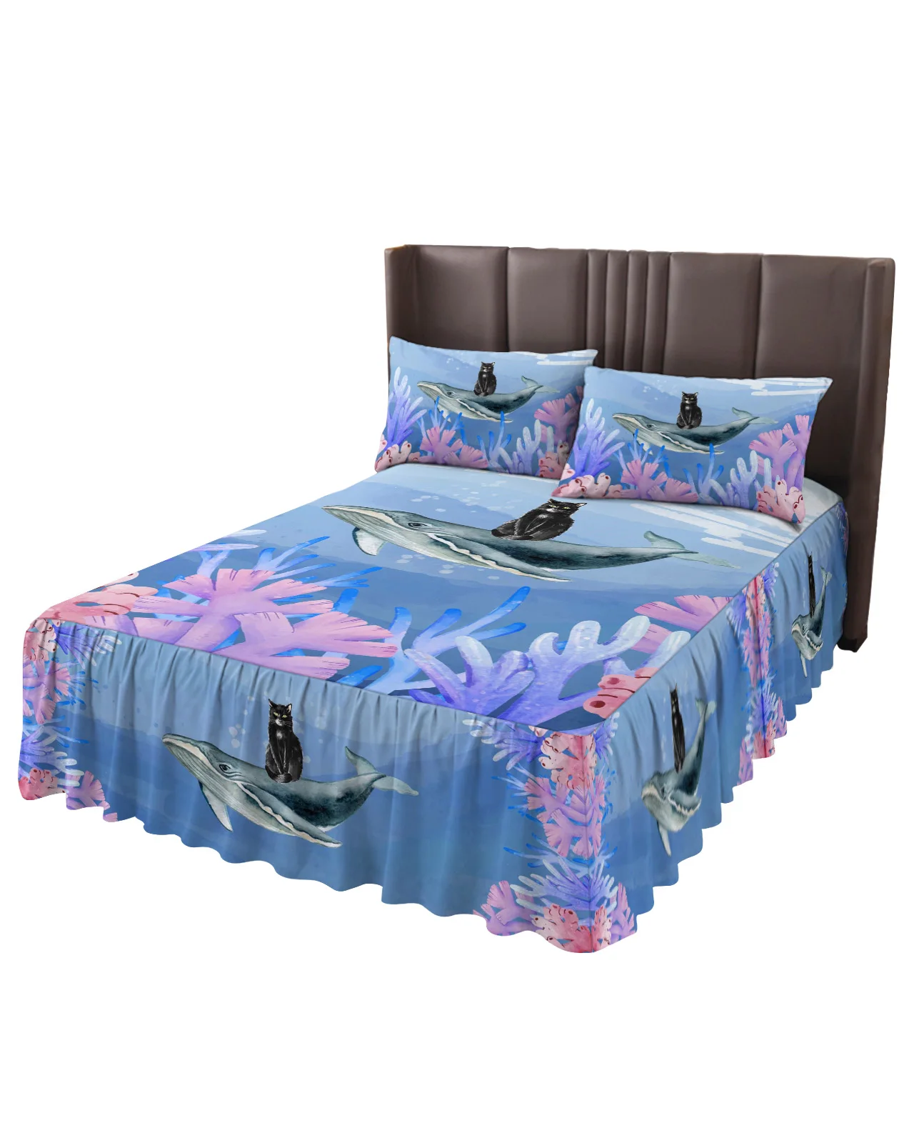 Cartoon Ocean Deep Sea Whale Animal Bed Skirt Elastic Fitted Bedspread With Pillowcases Mattress Cover Bedding Set Bed Sheet