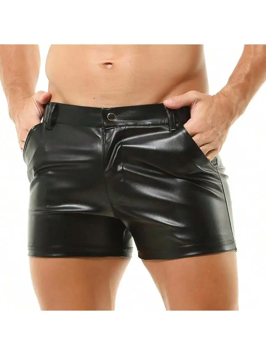 

Mens PU Leather Shorts Elastic Waist Zipper Pockets Club Party Short Pants