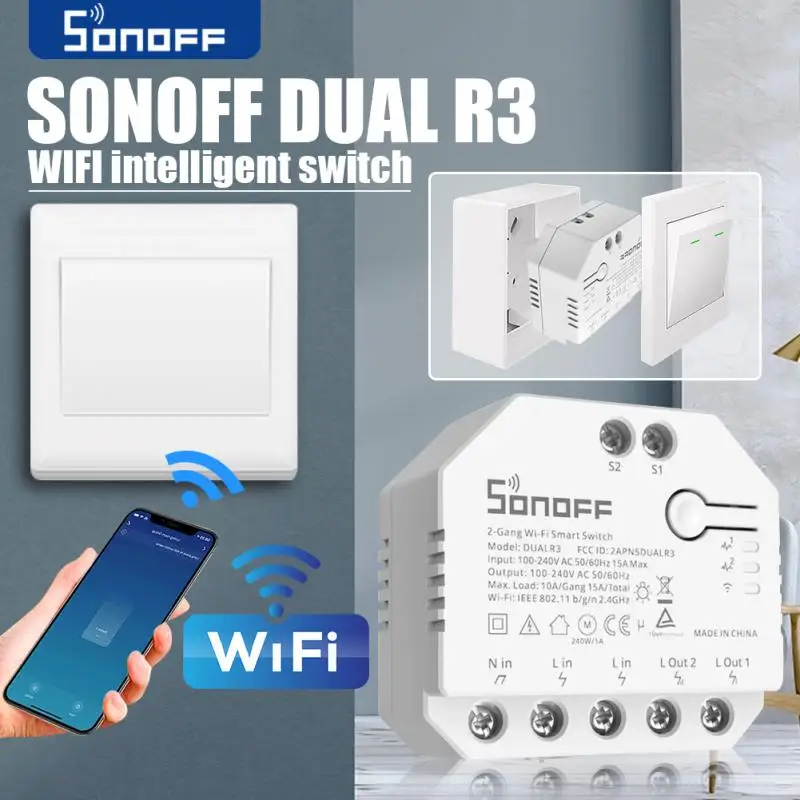 SONOFF DUAL R3 DIY Wifi Smart Switch Electricity Monitoring Curtain Motor 2 Gang Dual Relay Module Via EWeLink Alexa Google Home