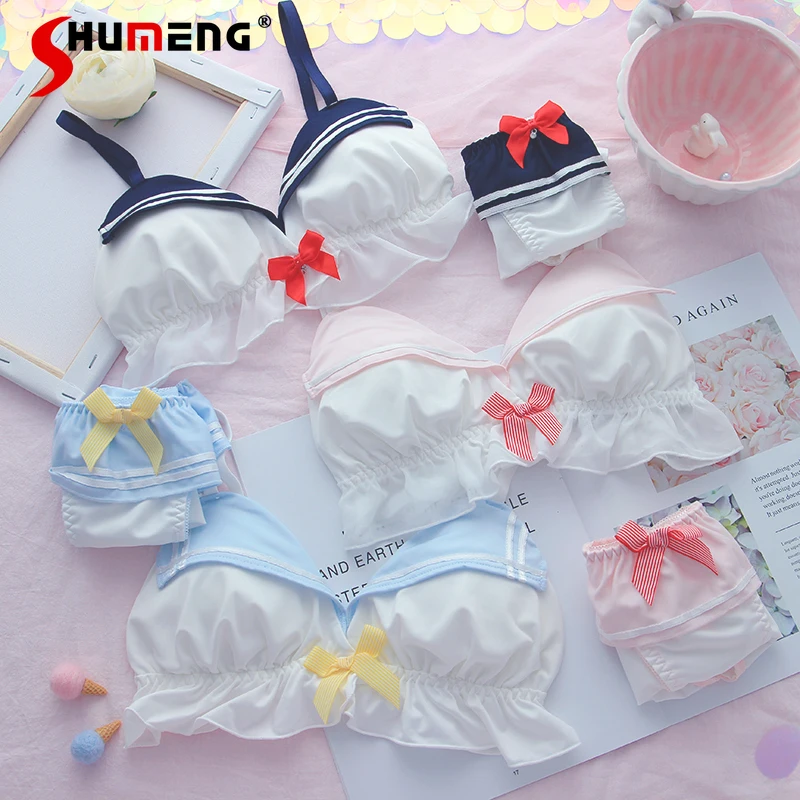 

Cute Girls Triangle Cup Navy Style Brief Sets Female Wireless Sexy Small Chest Student Bra Suit Women's Underwear Intimates