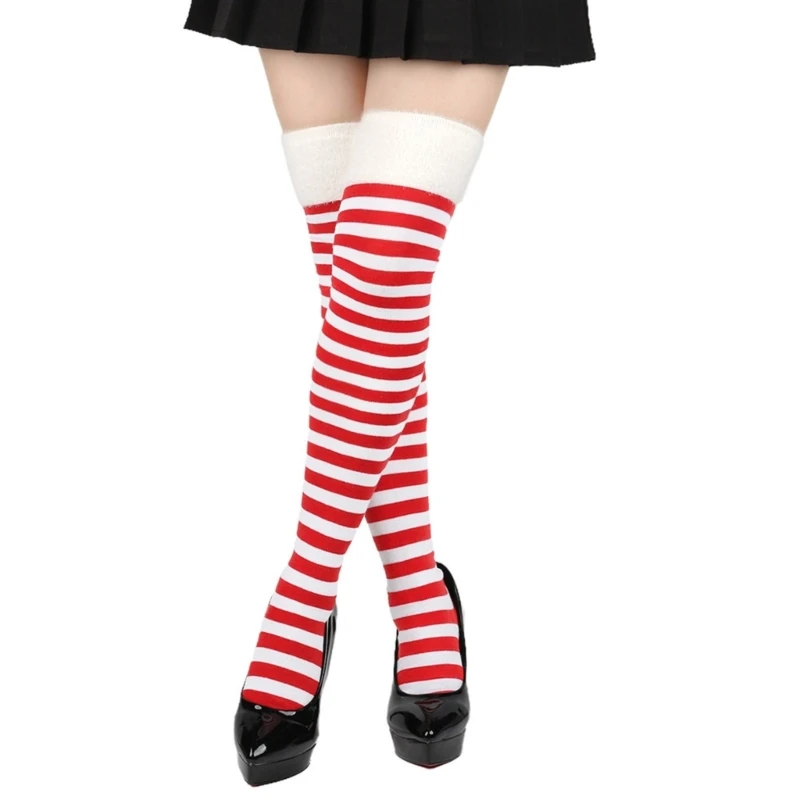 Christmas Celebration Striped Stockings for Women Plush Top Thigh High Socks