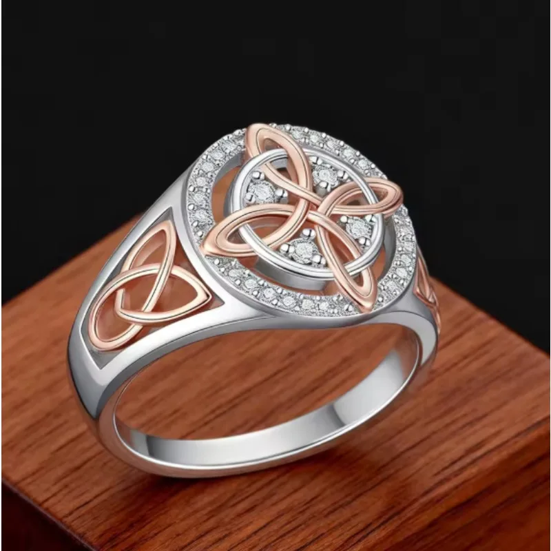 

Classic Celtic Knot Two tone Diamond Set Ring, Vintage Ethnic Style Weaving Design, Luxurious Zircon Fashion Jewelry Gift