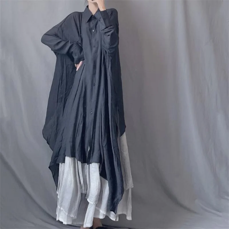 Fashionable Women's Lapel Long Sleeve Irregular Dress Mid-length Sun Protection Clothes Loose Shirt Group