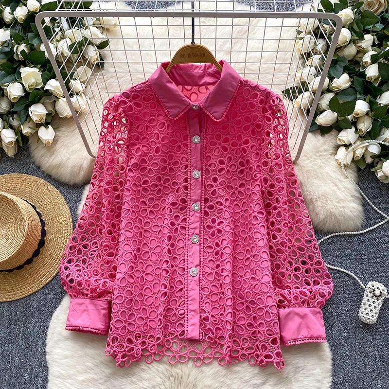 Palace Style  Hollowed Out Hook Flower Lace Blouse Top for Women Autumn Elegant Versatile French Single Breasted Shirt Trend W82