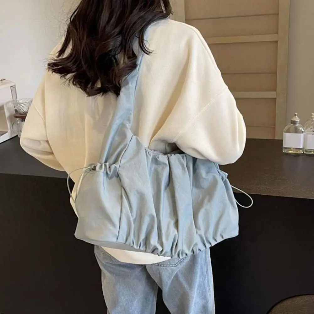 

Simple Drawstring Canvas Shoulder Bag Pleated Large Capacity Cloud Crossbody Bag Korean Style Casual Underarm Bag Girls