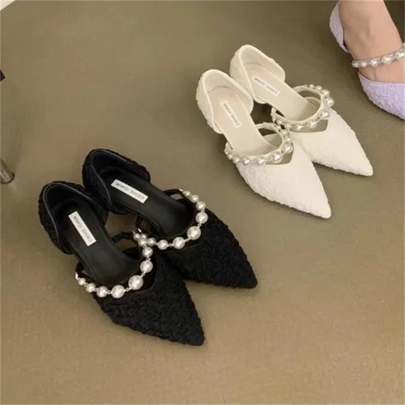 

String Beadings Shoes For Ladies Pointed Toes Women's Mid Heels Pearls Zapatos Mujer Shallow Chassure Femme Belts Female Pumps