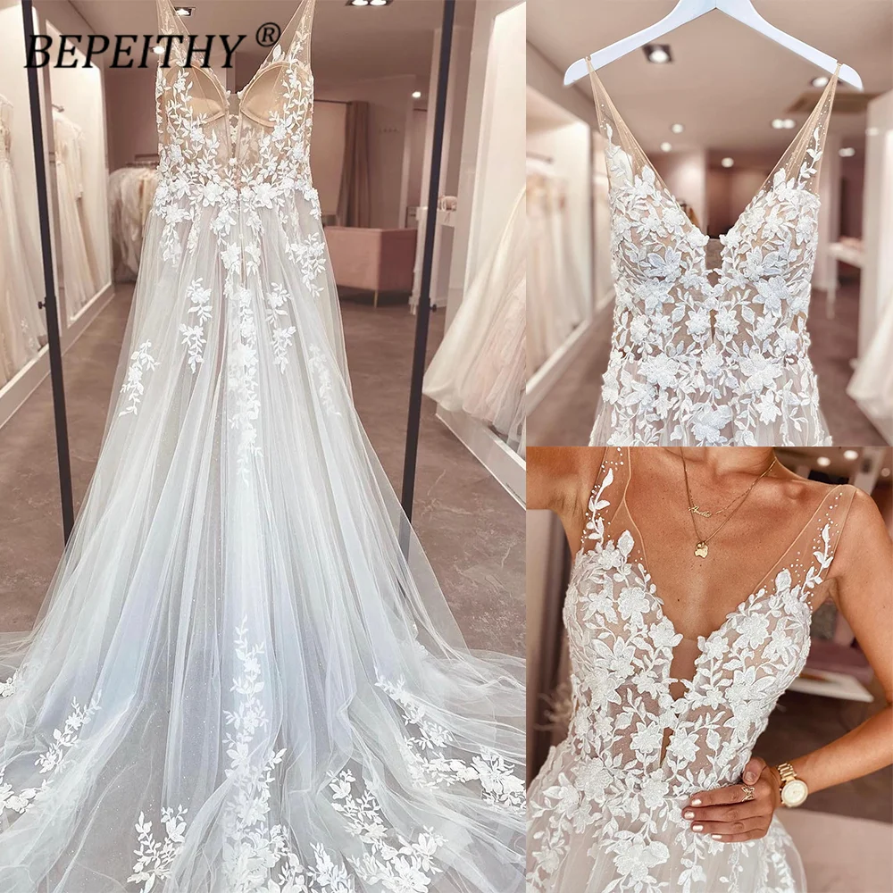 Bepeithy personalizado sexy sem costas com decote em v vestidos de casamento de renda para noiva feminina 2023 uma linha trem varredura vestido de noiva 2023 vestidos