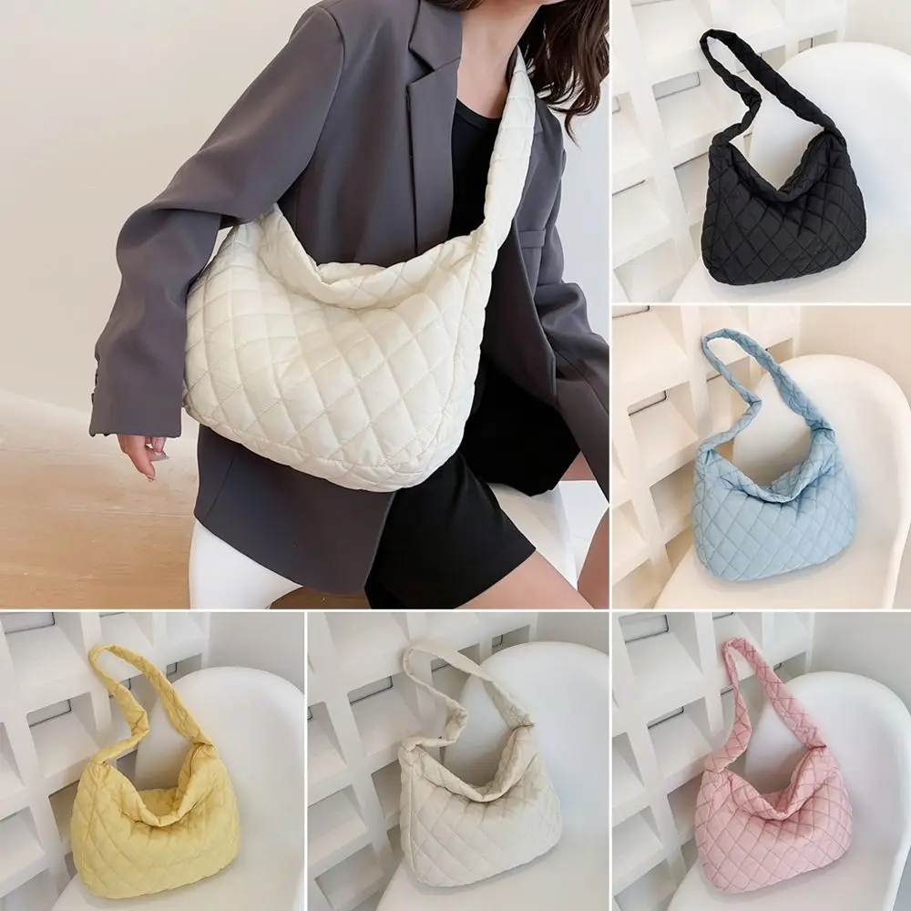 Women Large Capacity Quilted Tote Bag Winter Warm Lightweight Down Cotton Padded Plaid Shoulder Bags Underarm Bags Puffy Handbag