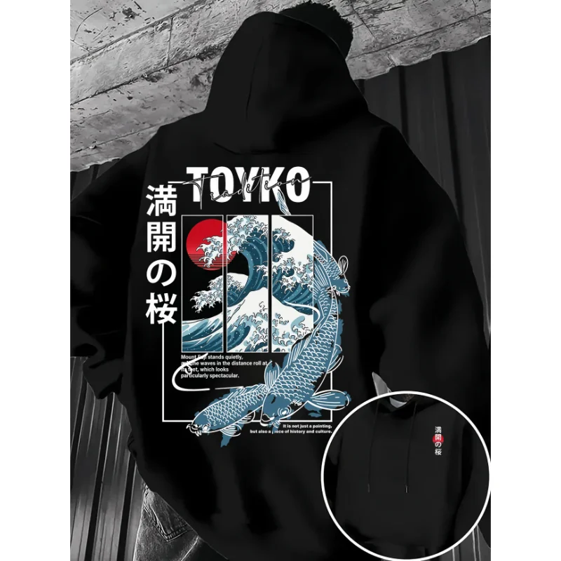 Tokyo Great Wave Koi Fish Ukiyo-e Hoodie Japanese Kanji Cherry Blossom Unisex Harajuku Streetwear Pullover Hooded Sweatshirt Men
