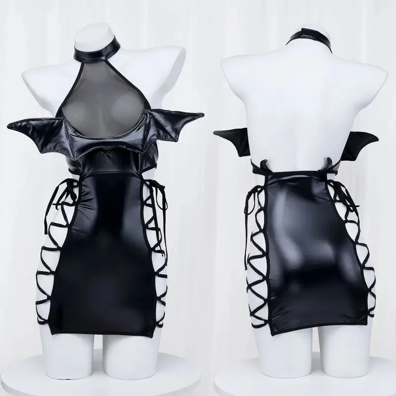 ฮาโลวีนปีกปีศาจหนังผู้หญิงสายคล้องคอตาข่ายปีศาจชุดเครื่องแต่งกายคอสเพลย์