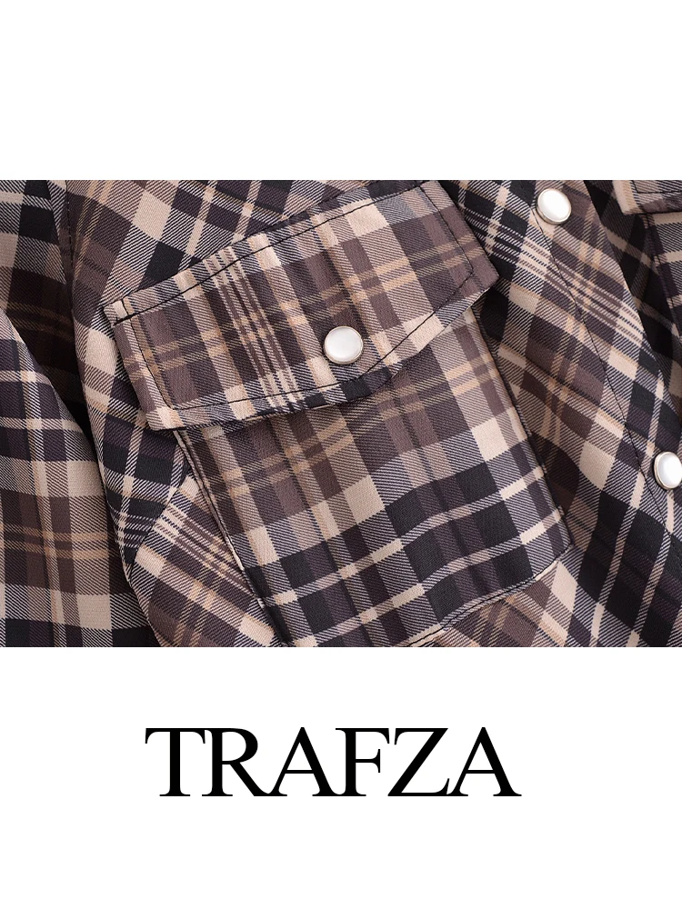 TRAFZA Abito da donna a maniche lunghe monopetto scozzese decorato con tasca vintage alla moda Abito femminile elegante e sottile alla caviglia