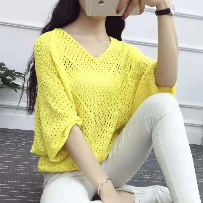 Sexy Women Knitted Pullover Mesh Hollow Top Female Spring Fashion Bat Sleeve Lady Thin Clothes Tide Korean Style  Jumper V-Neck