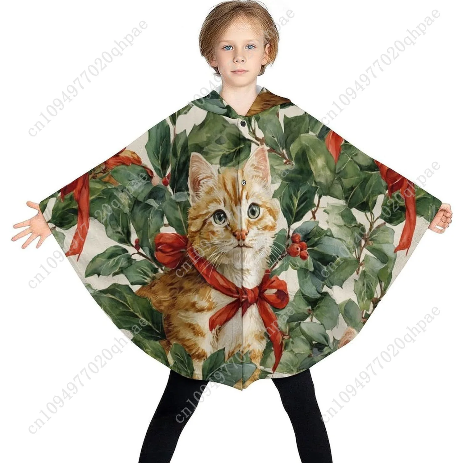 سترة بطانية مريحة من الفلانيل، قلنسوة كبيرة الحجم بأقواس حمراء لطيفة مع جيوب للأطفال والمراهقين